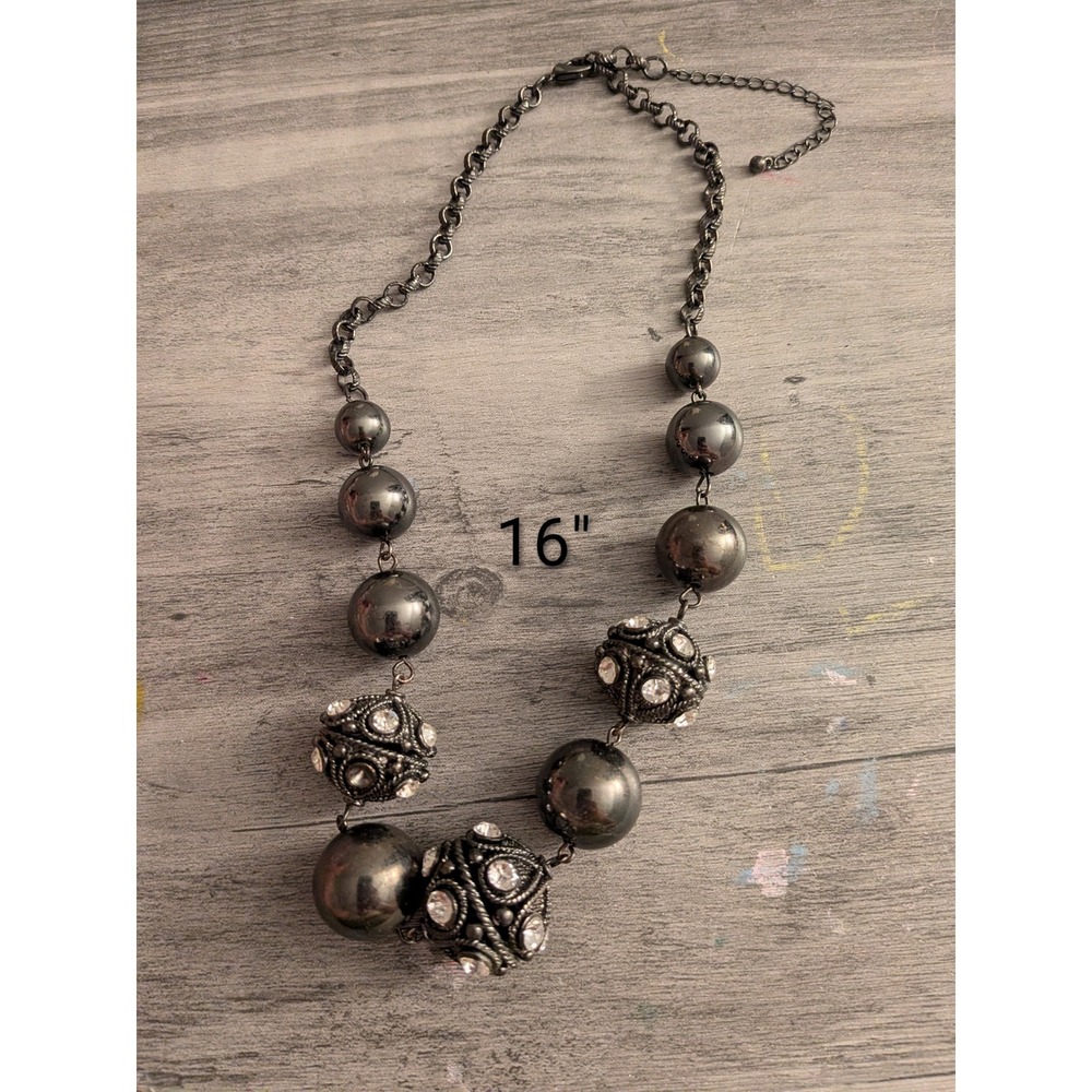 Gunmetal Statement Necklace Filigree Rhinestone Pave Ball Chunky Grey 16 Inch
